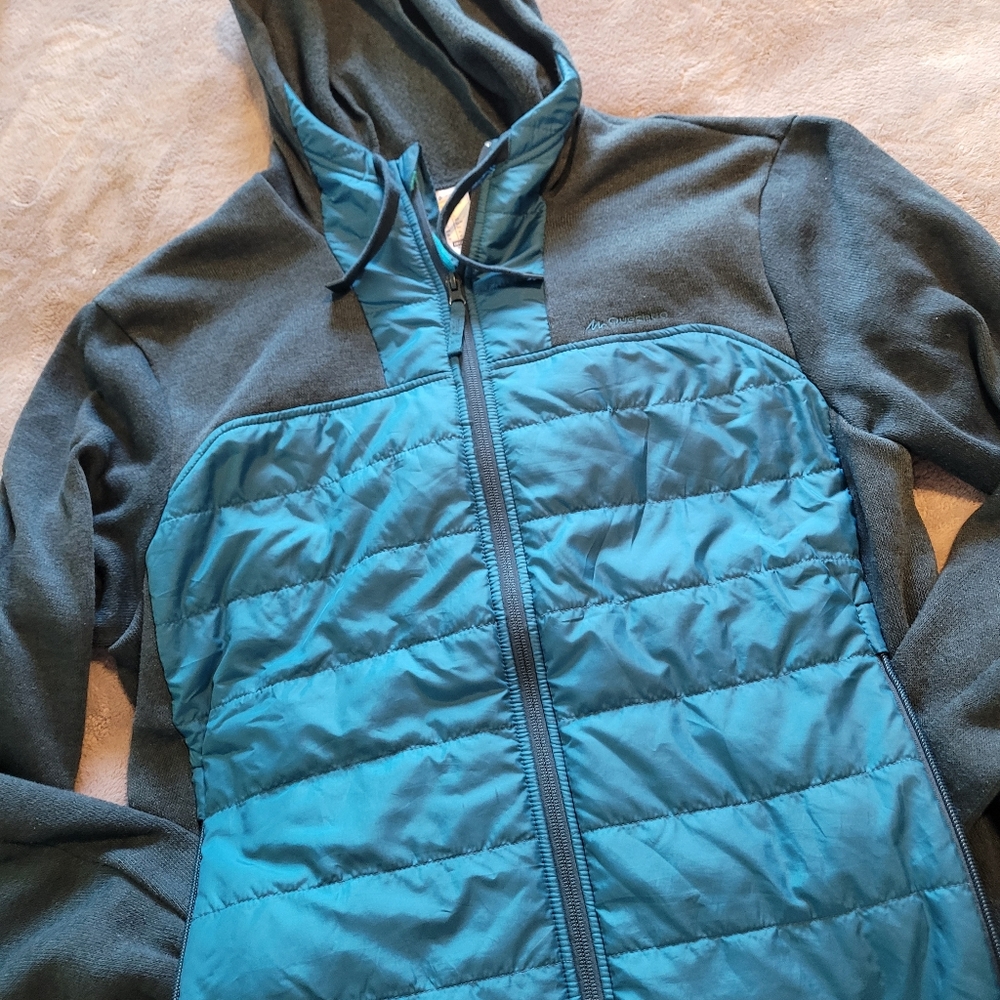 Quechua Decathlon Mens Large NH500 Hybrid Jacket Hooded Fleece Puffer Blue Gray